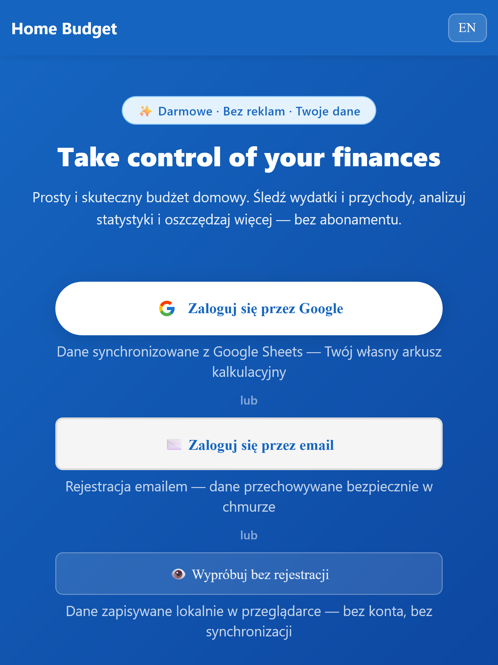 Budżet Domowy landing page